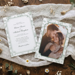Vintage French Toile Sage Green Photo Wedding Invitation