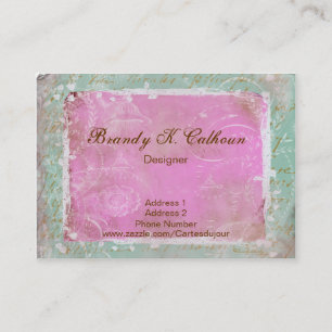 Vintage French Toile & Script Greenish Blue & Pink Business Card
