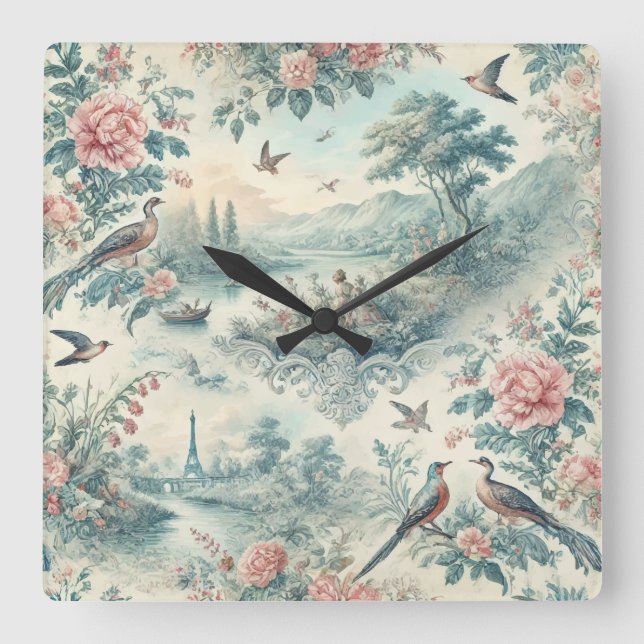 Vintage french toile square wall clock (Front)