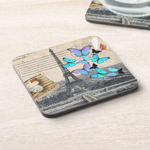 Vintage French Travel Butterfly Paris Eiffel Tower Beverage Coaster