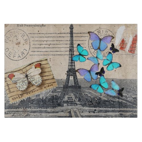 Vintage French Travel Butterfly Paris Eiffel Tower Cutting Board