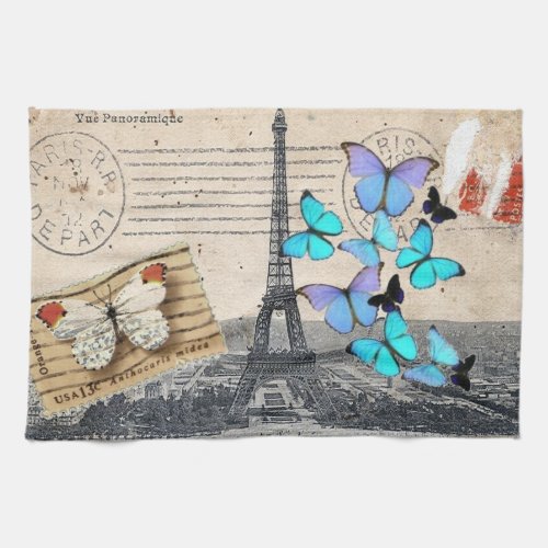 Vintage French Travel Butterfly Paris Eiffel Tower Kitchen Towel