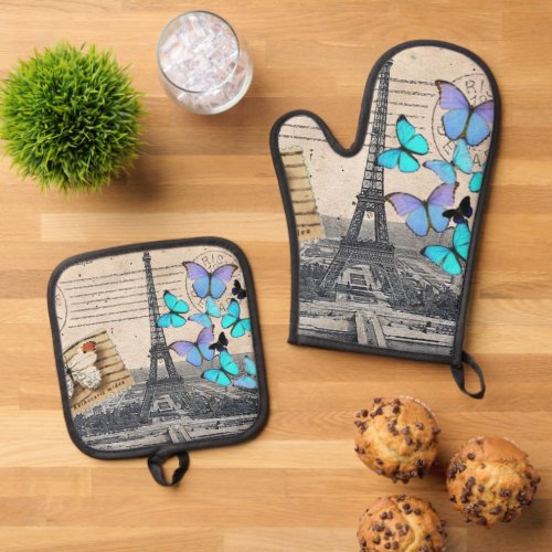 Vintage French Travel Butterfly Paris Eiffel Tower Oven Mitt  Pot Holder Set