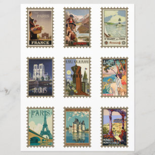 Vintage French Travel Poster Faux Stamps Paris