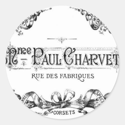 Vintage french typography corset advertisement classic round sticker