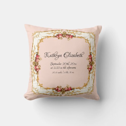 Vintage French Watercolor Roses Girl Birth Stats Throw Pillow