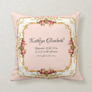 Vintage French Watercolor Roses Girl Birth Stats Throw Pillow