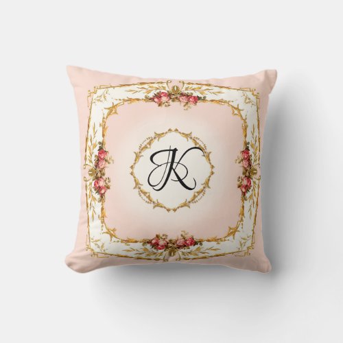Vintage French Watercolor Roses Girl Monogram Throw Pillow