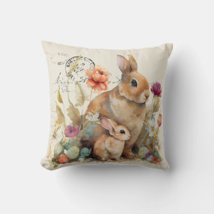 Vintage French watercolour rabbit and flowers Thro Throw Pillow