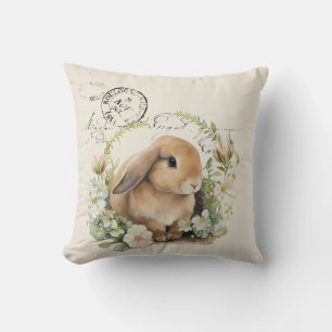 Vintage French watercolour rabbit and flowers Throw Pillow