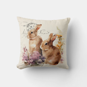 Vintage French watercolour rabbits with roses Thro Throw Pillow