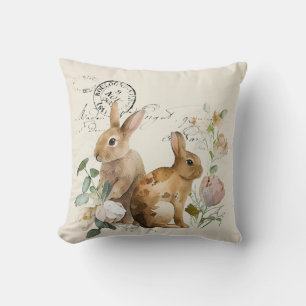 Vintage French watercolour rabbits with roses Throw Pillow