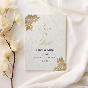 Vintage french white gold flor lace Save the Date  Invitation