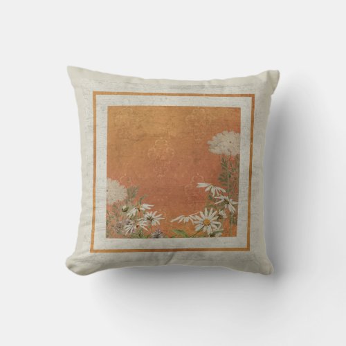 Vintage French Wildflowers in Autumn Gray Orange Throw Pillow