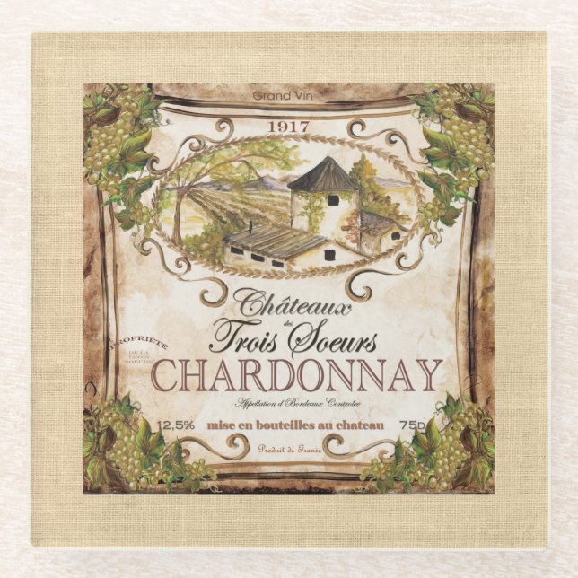 Vintage French Wine Label Burlap Glass Coaster (Front)