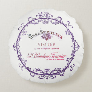 Vintage French Wine Label Round Pillow