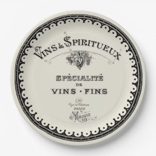 Vintage French Wine Typography On Beige Paper Plates