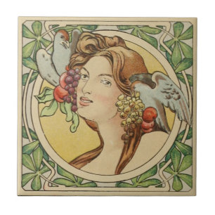 Vintage French Woman Art Nouveau Ceramic Ceramic Tile