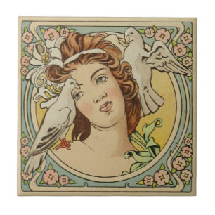 Vintage French Woman Art Nouveau Ceramic Tile