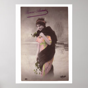 Vintage French Woman Hand-Colored 'bonne année' Poster