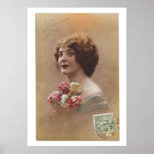 Vintage French Woman Hand-Colored Bonne Fête Poster