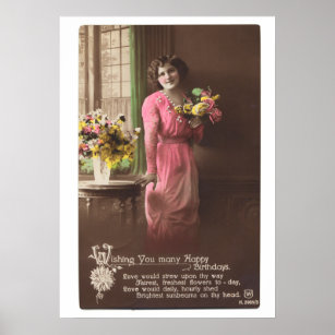Vintage French Woman Hand-Colored 'Happy Birthday' Poster