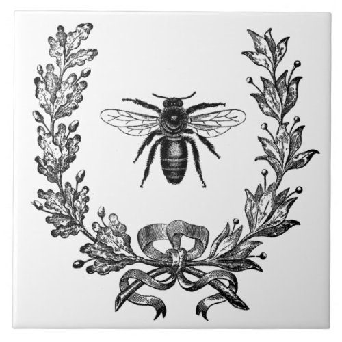 Vintage French Wreath W Bee Ceramic Tile Trivet