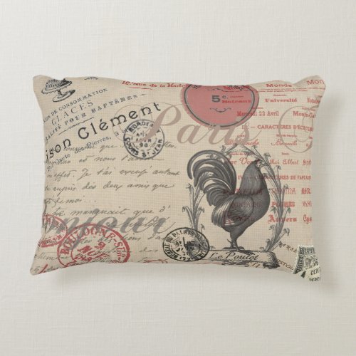 Vintage French Writing Paris Rooster typography Accent Pillow