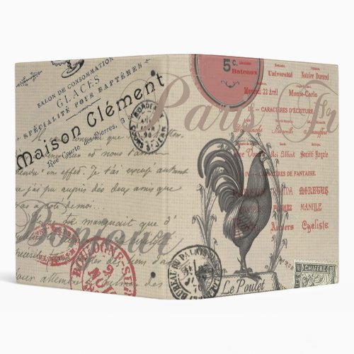 Vintage French Writing Paris Rooster typography Binder