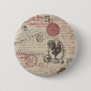 Vintage French Writing Paris Rooster typography Button