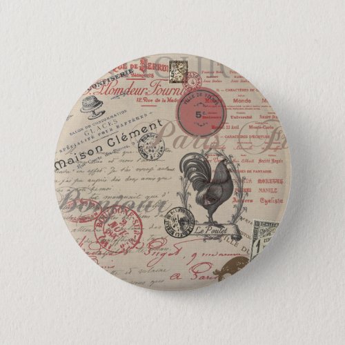 Vintage French Writing Paris Rooster typography Button
