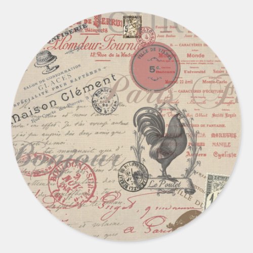 Vintage French Writing Paris Rooster typography Classic Round Sticker