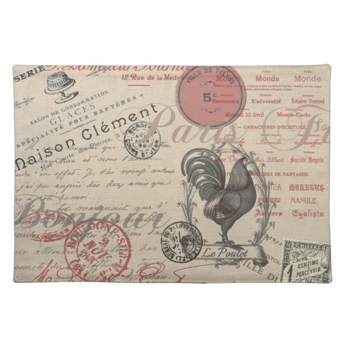 Vintage French Writing Paris Rooster typography Cloth Placemat