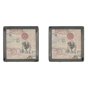 Vintage French Writing Paris Rooster typography Cufflinks