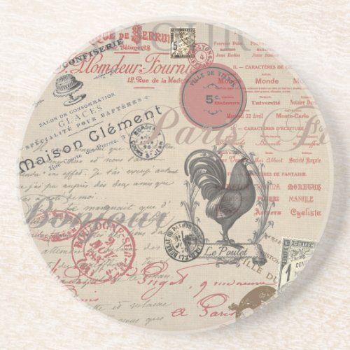 Vintage French Writing Paris Rooster typography Drink Coaster