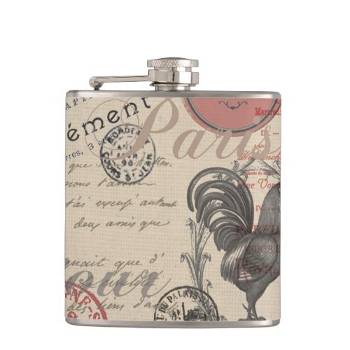 Vintage French Writing Paris Rooster typography Flask