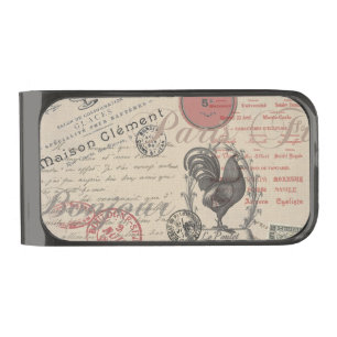 Vintage French Writing Paris Rooster typography Gunmetal Finish Money Clip