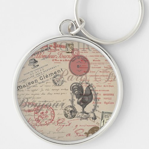 Vintage French Writing Paris Rooster typography Keychain