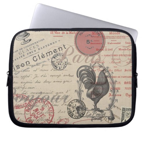 Vintage French Writing Paris Rooster typography Laptop Sleeve