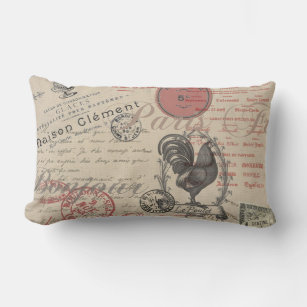 Vintage French Writing Paris Rooster typography Lumbar Pillow