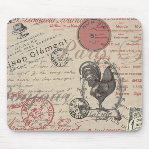 Vintage French Writing Paris Rooster typography Mouse Pad