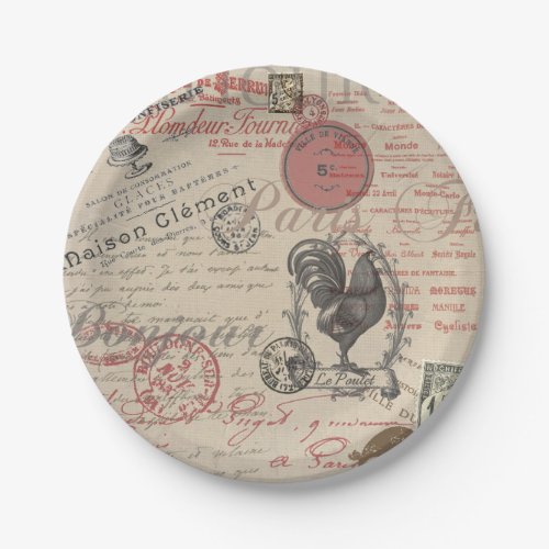 Vintage French Writing Paris Rooster typography Paper Plates