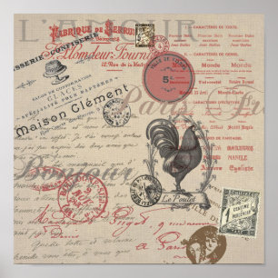 Vintage French Writing Paris Rooster typography Poster