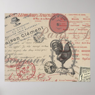 Vintage French Writing Paris Rooster typography Poster