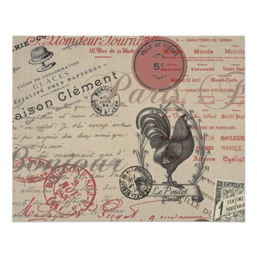Vintage French Writing Paris Rooster typography Poster