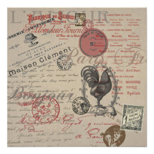 Vintage French Writing Paris Rooster typography Poster