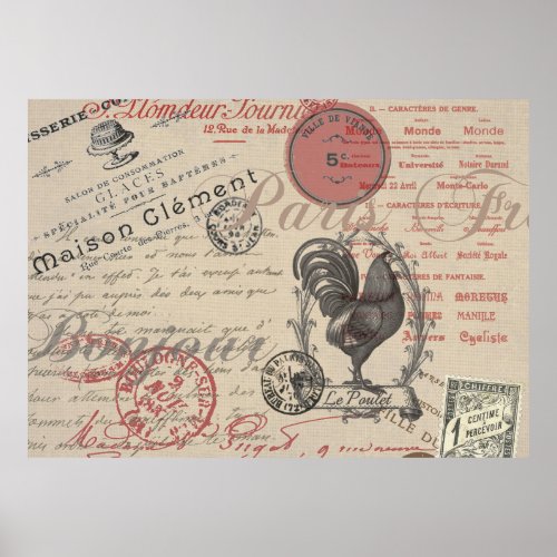 Vintage French Writing Paris Rooster typography Poster