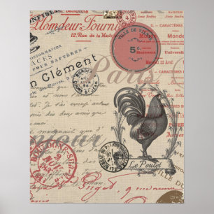 Vintage French Writing Paris Rooster typography Poster
