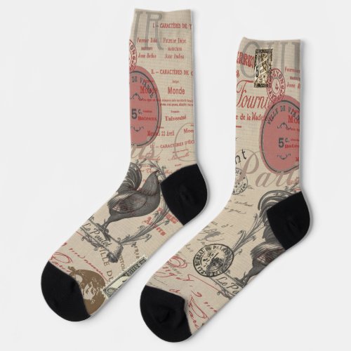 Vintage French Writing Paris Rooster typography Socks