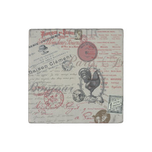 Vintage French Writing Paris Rooster typography Stone Magnet